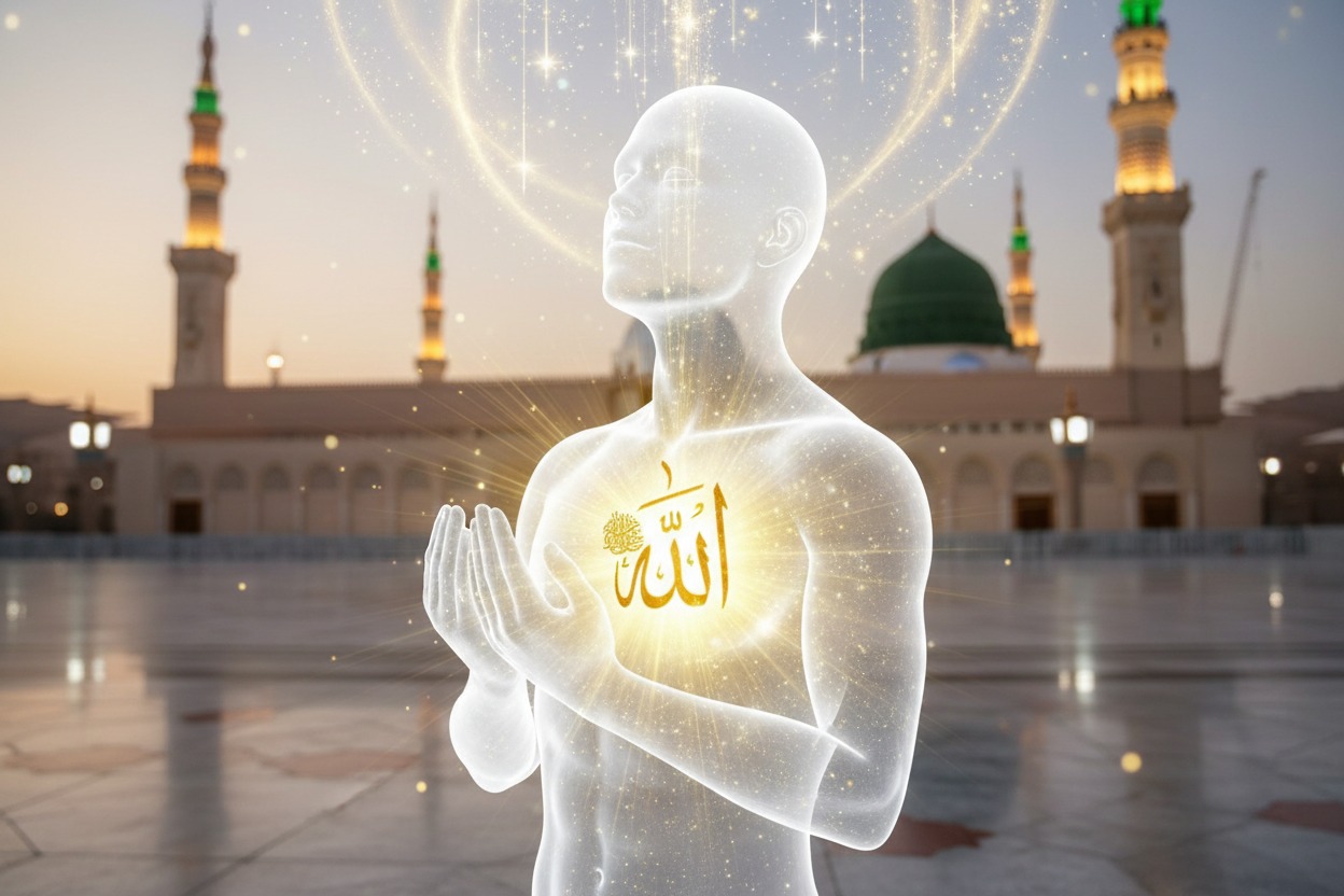 A translucent, glowing human figure with raised hands stands before a mosque at sunset, featuring the Arabic word for Allah illuminated on its chest and golden light radiating above its head.
