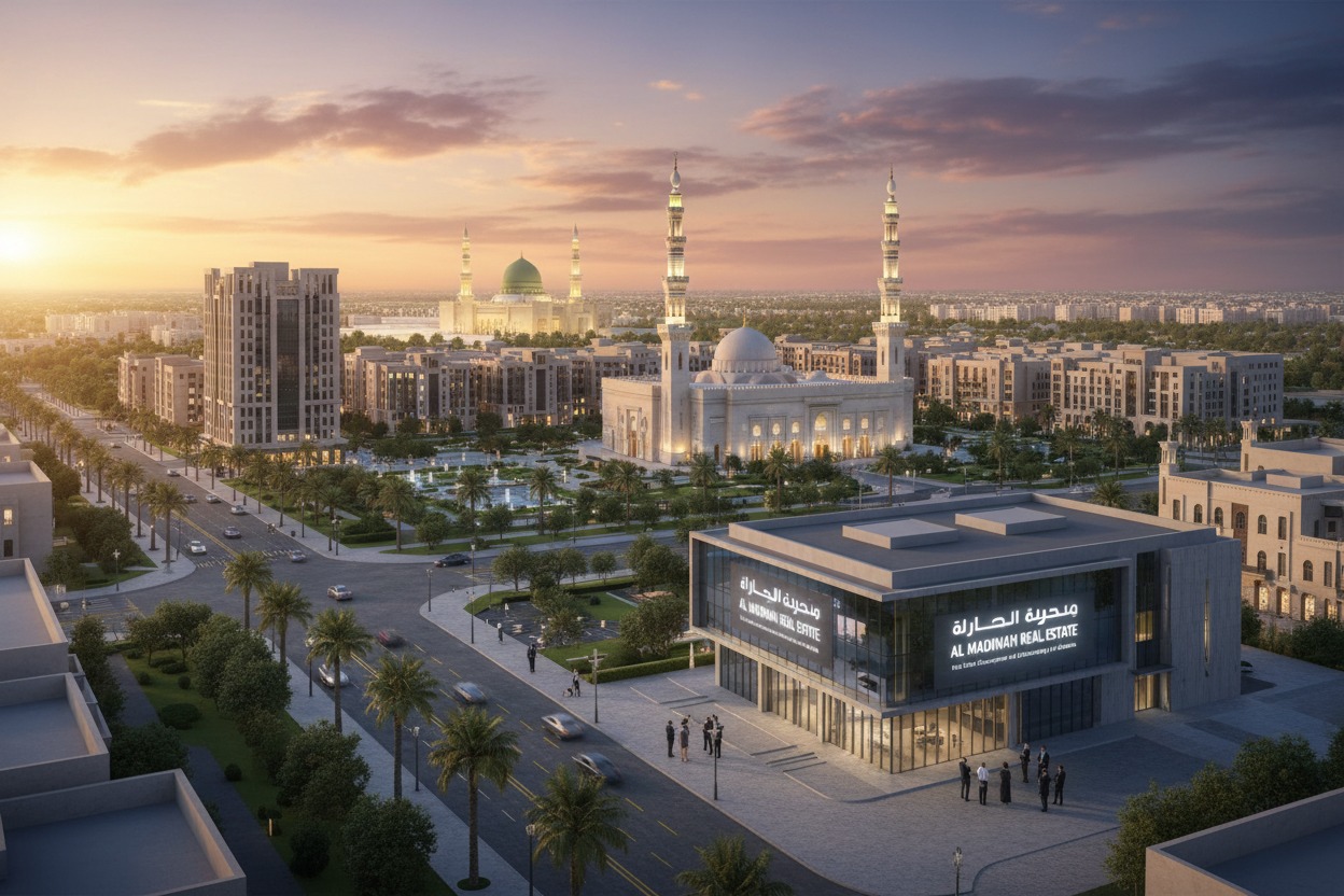 An aerial rendering shows a modern real estate office building with Arabic and English signage in the foreground, facing a city street, with a large mosque and urban skyline under a sunset sky in the background.