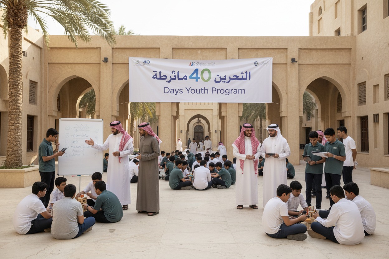 Young people and instructors participate in activities outdoors in front of a banner for the "40 Days Youth Program."